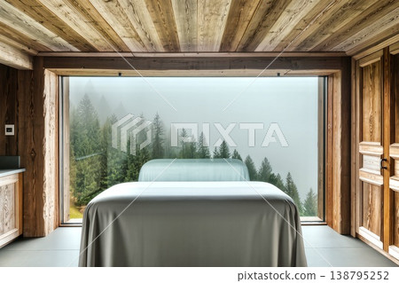 The interior of a treatment room in a modern chalet style, crafted entirely from light wood with a rich texture. A minimalist massage table covered with a soft gray sheet stands in the center of the 138795252