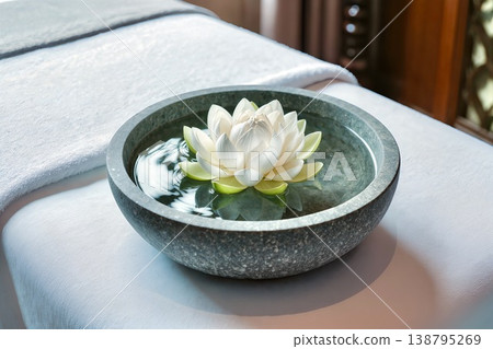 Close-up of an exquisite white lotus floating in a gray stone bowl filled with clear water. The bowl is placed on a clean white towel on a massage table. Soft natural lighting creates an atmosphere of 138795269