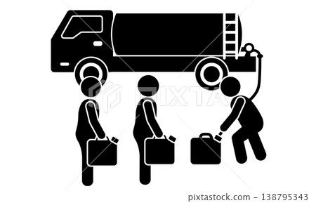 單色象形圖，描繪了運水車和排隊取水的人們：災難/停水 138795343