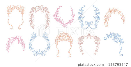 Floral Wreath Frames Set Hand Drawn Line Art 138795347