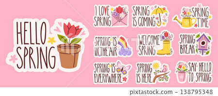 Spring Sticker Set With Flower Pot Cartoon Spring Sticker Set With Flower Pot Cartoon 138795348