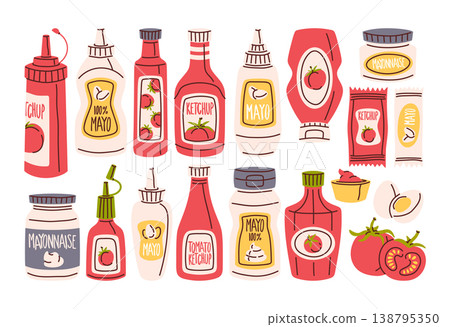 Ketchup And Mayo Bottles Set Cartoon Ketchup And Mayo Bottles Set Cartoon 138795350