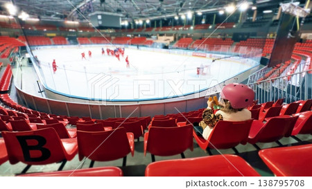 Little girl watching ice hockey training in indoor arena stands Little girl watching ice hockey training in indoor arena stands 138795708