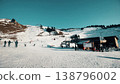 Unrecognizable skiers at Chamrousse ski resort with a digital screen displaying a weather or safety warning, winter sports scene in the French Alps 138796002