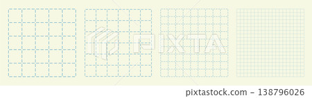 Square grid collection dashed node geometry, four samples blueprint style. Center marker lattice structure, interface Square grid collection dashed node geometry, four samples blueprint style. Center marker lattice structure, interface 138796026