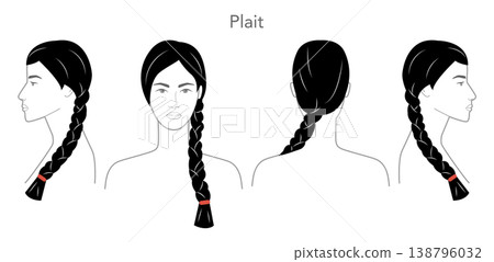 Braid Plait hairstyle black white vector front back profile views, long braid structure for salon, hairdresser guide 138796032