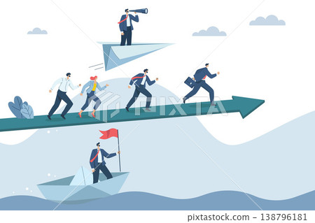 Business competition concept, Competition among employees or competitors to win or increase efficiency. Businessman and women running on arrow graph. Vector design illustration. Business competition concept, Competition among employees or competitors to win or increase efficiency. Businessman and women running on arrow graph. Vector design illustration. 138796181