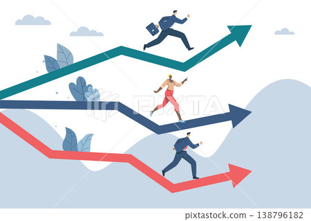 Business competition concept, Competition among employees or competitors to win or increase efficiency. Businessman and women running on arrow graph. Vector design illustration. Business competition concept, Competition among employees or competitors to win or increase efficiency. Businessman and women running on arrow graph. Vector design illustration. 138796182