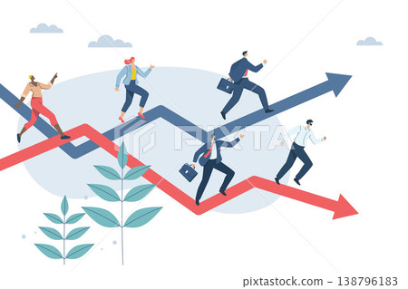 Business competition concept, Competition among employees or competitors to win or increase efficiency. Businessman and women running on arrow graph. Vector design illustration. Business competition concept, Competition among employees or competitors to win or increase efficiency. Businessman and women running on arrow graph. Vector design illustration. 138796183