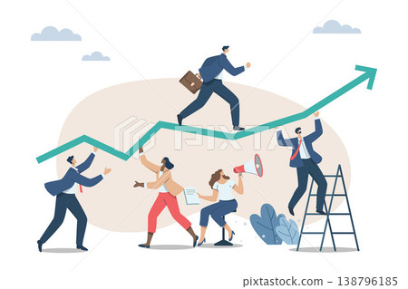 Effective teamwork, career growth, profit, or improvement approaches, career development concept, symbol of teamwork, Businessmen work together to push the arrow graph up. Vector design illustration. Effective teamwork, career growth, profit, or improvement approaches, career development concept, symbol of teamwork, Businessmen work together to push the arrow graph up. Vector design illustration. 138796185