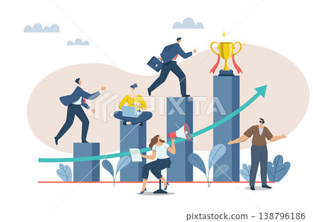 Effective teamwork, career growth, profit, or improvement approaches, career development concept, symbol of teamwork, Businessmen work together to push the arrow graph up. Vector design illustration. Effective teamwork, career growth, profit, or improvement approaches, career development concept, symbol of teamwork, Businessmen work together to push the arrow graph up. Vector design illustration. 138796186