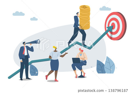 Effective teamwork, career growth, profit, or improvement approaches, career development concept, symbol of teamwork, Businessmen work together to push the arrow graph up. Vector design illustration. Effective teamwork, career growth, profit, or improvement approaches, career development concept, symbol of teamwork, Businessmen work together to push the arrow graph up. Vector design illustration. 138796187