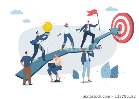 Effective teamwork, career growth, profit, or improvement approaches, career development concept, symbol of teamwork, Businessmen work together to push the arrow graph up. Vector design illustration. Effective teamwork, career growth, profit, or improvement approaches, career development concept, symbol of teamwork, Businessmen work together to push the arrow graph up. Vector design illustration. 138796188