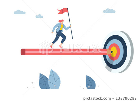 Efficient work, Successful business development, Success goals or career growth concept, Businesswoman holding flags running on a pencil to the goal. Vector design illustration. Efficient work, Successful business development, Success goals or career growth concept, Businesswoman holding flags running on a pencil to the goal. Vector design illustration. 138796282