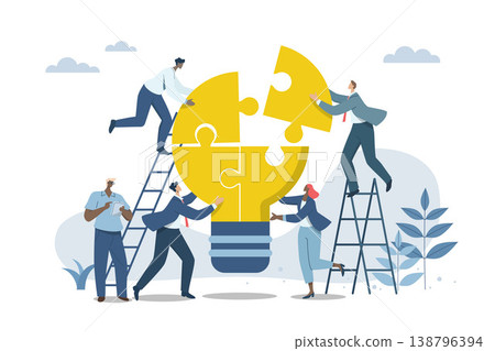 Effective teamwork, problem solving, or ways to improve, career development concept, symbol of teamwork, Business people work together to complete the light bulb jigsaw puzzle in harmony. Effective teamwork, problem solving, or ways to improve, career development concept, symbol of teamwork, Business people work together to complete the light bulb jigsaw puzzle in harmony. 138796394