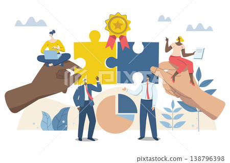 Effective teamwork, problem solving, or ways to improve, career development concept, symbol of teamwork, Business people work together to complete jigsaw puzzle in harmony. Effective teamwork, problem solving, or ways to improve, career development concept, symbol of teamwork, Business people work together to complete jigsaw puzzle in harmony. 138796398