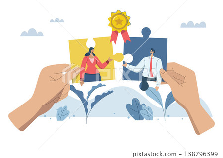 Effective teamwork, business people working together and connecting businesses, developing business and advancing strategies together. Big hands hold the jigsaw puzzle together. Vector illustration. Effective teamwork, business people working together and connecting businesses, developing business and advancing strategies together. Big hands hold the jigsaw puzzle together. Vector illustration. 138796399