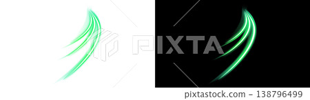 A curved trail of green light on a transparent background and a black background. 138796499