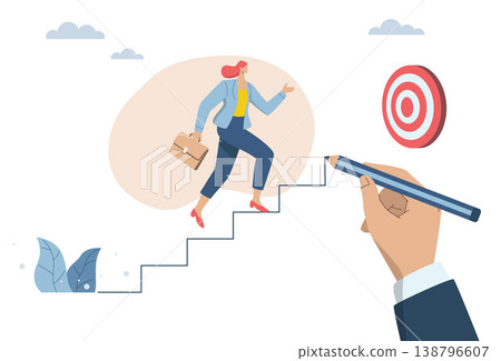 Business leaders or corporate consultants provide advice and assistance to the company's employees. Leading you to business success, Big hand uses pencil to draw stairs helping businesswoman walk up. Business leaders or corporate consultants provide advice and assistance to the company's employees. Leading you to business success, Big hand uses pencil to draw stairs helping businesswoman walk up. 138796607