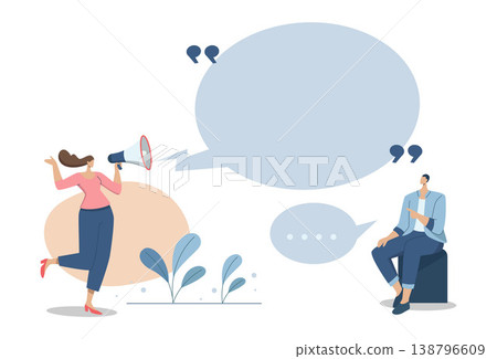 advertisements from company to make organization or important target groups aware. Empty space for text or talking business concept. Business woman using megaphone to speech. advertisements from company to make organization or important target groups aware. Empty space for text or talking business concept. Business woman using megaphone to speech. 138796609
