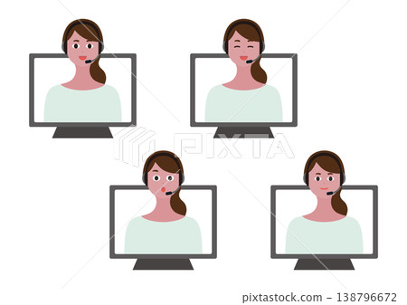 A set of illustrations depicting the facial expressions of a female operator giving instructions via video call: smiling and surprised (white hair, long hair). A set of illustrations depicting the facial expressions of a female operator giving instructions via video call: smiling and surprised (white hair, long hair). 138796672