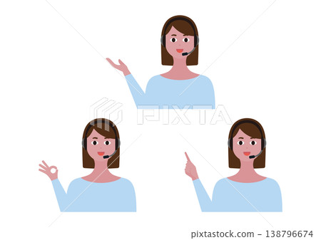 A set of three vector illustrations of female operator hand signs (bob hair, right hand). A set of three vector illustrations of female operator hand signs (bob hair, right hand). 138796674