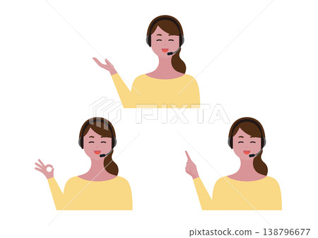 一組三幅向量插圖，描繪了一位微笑的女操作員做出手勢（長發，右手）。 138796677