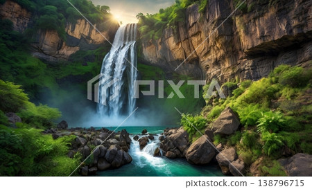 一張奇幻而令人嘆為觀止的空拍照片，展現了閃閃發光的瀑布從地縫中傾瀉而下。 138796715