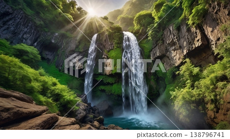 一張奇幻而令人嘆為觀止的空拍照片，展現了閃閃發光的瀑布從地縫中傾瀉而下。 138796741