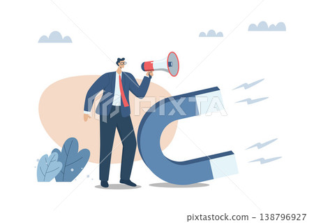 Business marketing materials with campaign that attracts customers, Communication with customers, Important message, Businessman advertising or announcement with megaphone and big magnet. Business marketing materials with campaign that attracts customers, Communication with customers, Important message, Businessman advertising or announcement with megaphone and big magnet. 138796927