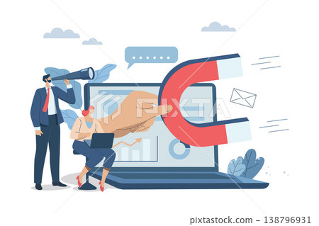 Marketing materials find more new customers and campaigns that attract new customers, Businessman looks into binoculars, Businesswoman searches for customers and big hand holds a magnet. Marketing materials find more new customers and campaigns that attract new customers, Businessman looks into binoculars, Businesswoman searches for customers and big hand holds a magnet. 138796931