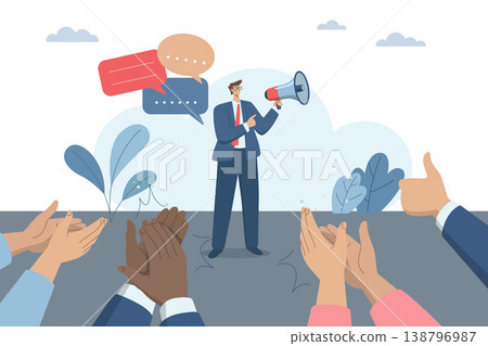 Discussion, Speaking at meeting, Productive conversation or discussion in the workplace, Colleagues applaud in appreciation for wonderful speech. Businessman uses megaphone to speak. Vector design. Discussion, Speaking at meeting, Productive conversation or discussion in the workplace, Colleagues applaud in appreciation for wonderful speech. Businessman uses megaphone to speak. Vector design. 138796987