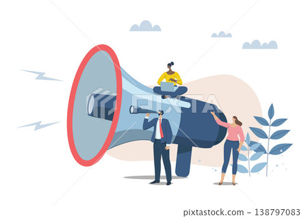 Searching for business target groups, public relations to communicate company information, marketing and advertising concepts, Businessman looks into binoculars with a big megaphone to communicate. Searching for business target groups, public relations to communicate company information, marketing and advertising concepts, Businessman looks into binoculars with a big megaphone to communicate. 138797083