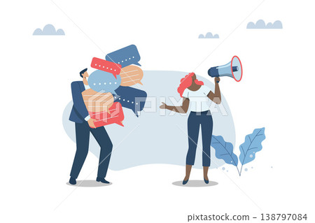 Building relationships with customers Business media support, Public relations to communicate company information, Businessman holds a speech bubble. Woman communicating with customers with megaphone Building relationships with customers Business media support, Public relations to communicate company information, Businessman holds a speech bubble. Woman communicating with customers with megaphone 138797084