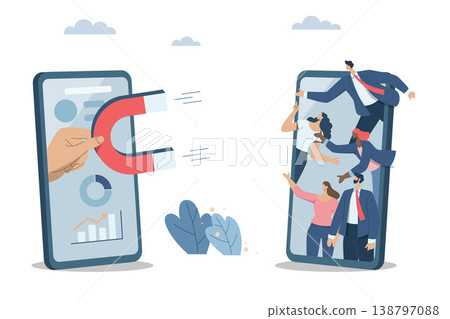 Marketing materials find new customers and campaigns that attract new customers. Important marketing and advertising concepts on social media. Big hand holding a magnet from a smartphone. Marketing materials find new customers and campaigns that attract new customers. Important marketing and advertising concepts on social media. Big hand holding a magnet from a smartphone. 138797088