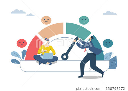 Measuring customer satisfaction scores with emotion icons, Performance ratings or user recommendations, Business men and women are pushing forward improving to make rating to be excellent. Measuring customer satisfaction scores with emotion icons, Performance ratings or user recommendations, Business men and women are pushing forward improving to make rating to be excellent. 138797272