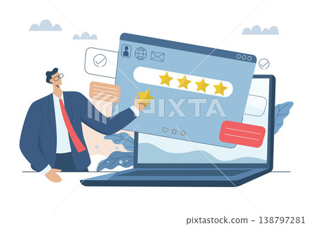 Evaluating in the best credit ratings and customer satisfaction, Performance ratings or user recommendations, Businessman checking customer feedback report in laptop. Vector design illustration. 138797281