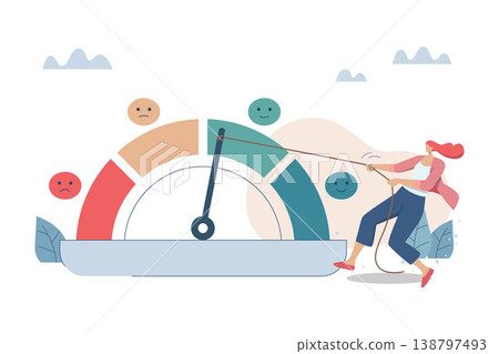 Problems with stress levels and work pressure, Rising tensions in the organization, Burnout symptoms and fatigue, Businesswoman is trying to relieve emotional stress at work. Vector illustration. 138797493