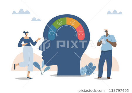 Problems with stress levels and work pressure, Stress management and emotional regulation, Analysts measuring stress levels in the brain of the human head of a businessman. Vector design illustration Problems with stress levels and work pressure, Stress management and emotional regulation, Analysts measuring stress levels in the brain of the human head of a businessman. Vector design illustration 138797495