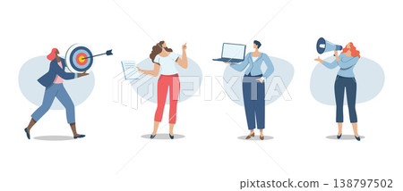 Set of business female in various activities, Vector illustration of cartoon women of different races. and different shapes in work clothes with hands that grab various things. Set of business female in various activities, Vector illustration of cartoon women of different races. and different shapes in work clothes with hands that grab various things. 138797502