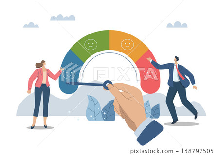 Problems with stress levels and work pressure, Tension management and emotional regulation, A big hand as leader or manager is adjusting the emotional level of employees. Vecter design illustration. Problems with stress levels and work pressure, Tension management and emotional regulation, A big hand as leader or manager is adjusting the emotional level of employees. Vecter design illustration. 138797505