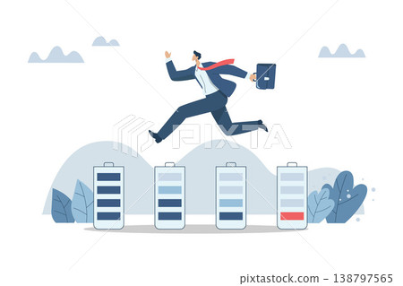 Dealing with fatigue and increasing employee freshness, Motivation or enthusiasm concept, Enthusiastic business people leapfrog battery fatigue into high energy levels. Vector design illustration. Dealing with fatigue and increasing employee freshness, Motivation or enthusiasm concept, Enthusiastic business people leapfrog battery fatigue into high energy levels. Vector design illustration. 138797565