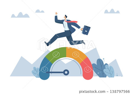 Dealing with fatigue and increasing employee freshness, Stress management and emotional regulation, Enthusiastic business people leap forward from depressed mood to a refreshing level. Vector design. 138797566