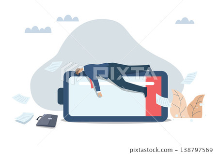 Fatigue from working too hard, Problems with boredom, Exhaustion that employees face, The businessman is lying down, very tired and weak on a large battery with low power. Fatigue from working too hard, Problems with boredom, Exhaustion that employees face, The businessman is lying down, very tired and weak on a large battery with low power. 138797569