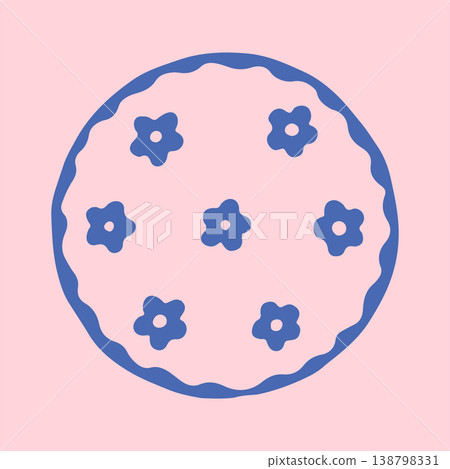 Hand drawn vector illustration of a circular plate featuring small blue flower ornaments. Decorative doodle graphic of a tableware item for cozy kitchen or cafe branding 138798331