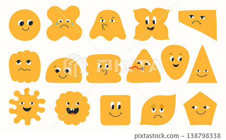 Geometric characters set blob shapes expressive comic smiling childish different cartoon faces art Geometric characters set blob shapes expressive comic smiling childish different cartoon faces art 138798338