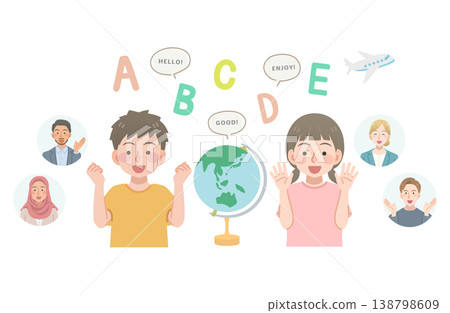 An illustration depicting a child learning English conversation. 138798609