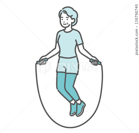 An illustration of a senior woman jumping rope with a smile. 138798740
