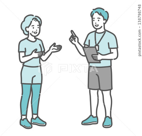 An illustration of a senior woman smiling and conversing with a young male sports trainer. An illustration of a senior woman smiling and conversing with a young male sports trainer. 138798748