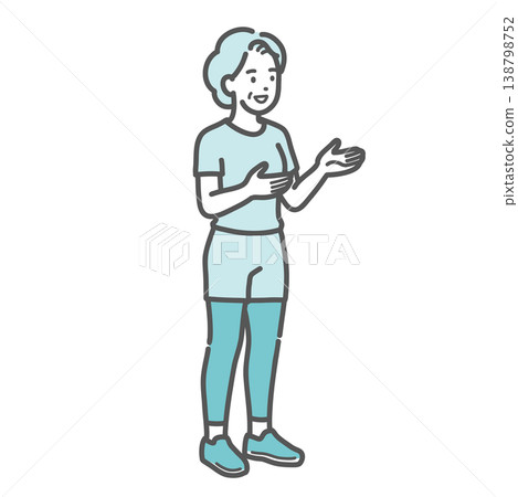 一位身著運動服的老婦人面帶微笑，用手勢交流。 138798752